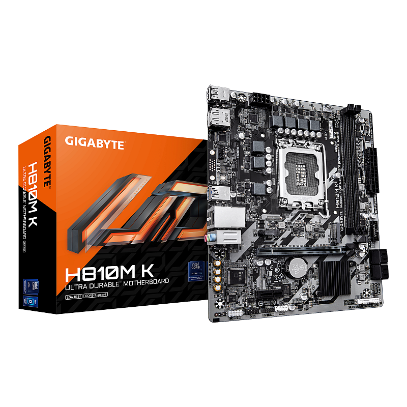 GIGABYTE H810M K Mainboard – Intel Core Ultra (Serie 2) Prozessoren, 3+1+2 Phasen VRM, bis zu 6400 MHz DDR5, 1 x M.2 PCIe 4.0, 1 GbE LAN, USB 3.2 Gen 1