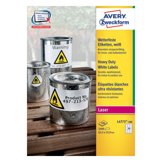 Avery L4773-100 selbstklebendes Etikett Abgerundetes Rechteck Permanent Weiß 2400 Stück(e)