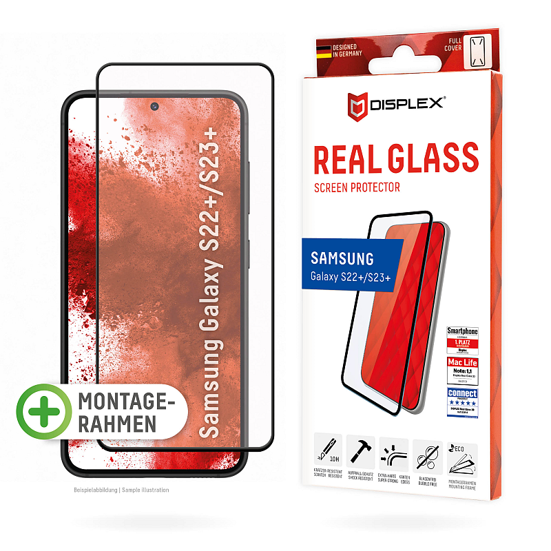 Displex Premium Panzerglas (Full Cover, 10H) für Samsung Galaxy S22+/S23+, Eco-Montagerahmen, Full Cover