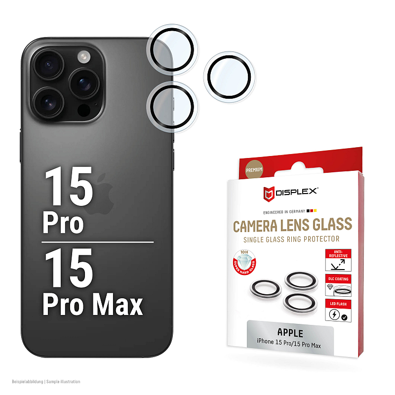 Displex Premium Camera Lens Glass, iPhone 15 Pro/15 Pro Max, Einzelringe, Schutzringe, 10H, transparent, Quick Mount