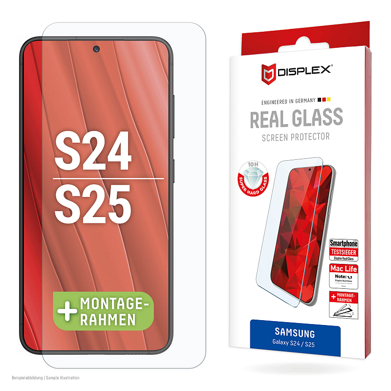 Displex Panzerglas (10H, 2D) für Samsung Galaxy S24/S25, Eco-Montagerahmen, kratzer-resistent