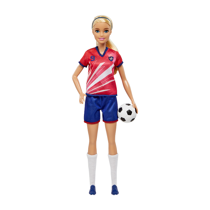 Barbie Fußballspielerin-Puppe, blond, Trikot mit der Nummer 9, Fußball, Stollenschuhe, Stutzen, für Kinder ab 3 Jahre
