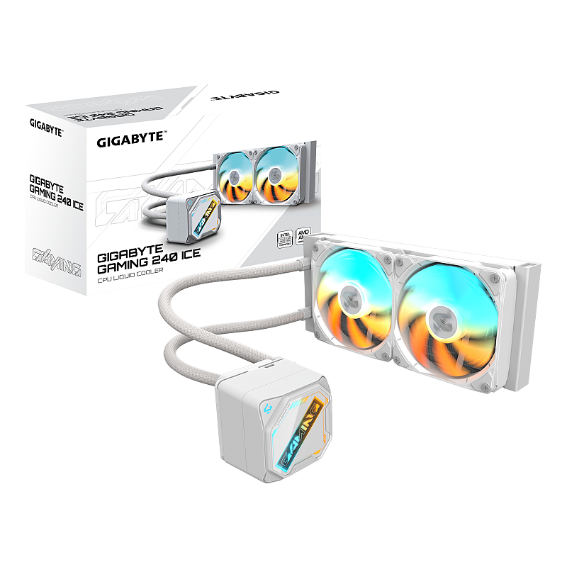 GIGABYTE GAMING 240 ICE Flüssigkeitskühler für CPU - 2x120mm ARGB-Lüfter, Schiebe-Verriegelungsmechanismus, DAISY-CHAIN, Kompatibel mit Intel LGA 1851 und AMD AM5
