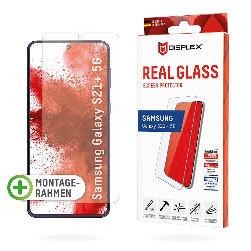 Displex Panzerglas (10H) für Samsung Galaxy S21+ 5G, Montagerahmen, Tempered Glas, kratzer-resistente Schutzfolie, hüllenfreundlich