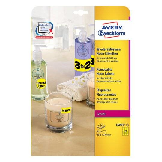 Avery L6004-25 selbstklebendes Etikett Abgerundetes Rechteck Permanent Gelb 675 Stück(e)