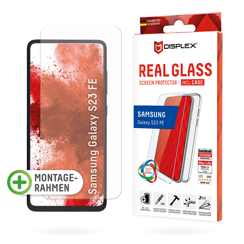 Displex Panzerglas + Schutzhülle für Samsung Galaxy S23 FE, Eco-Montagerahmen, kratzer-resistent