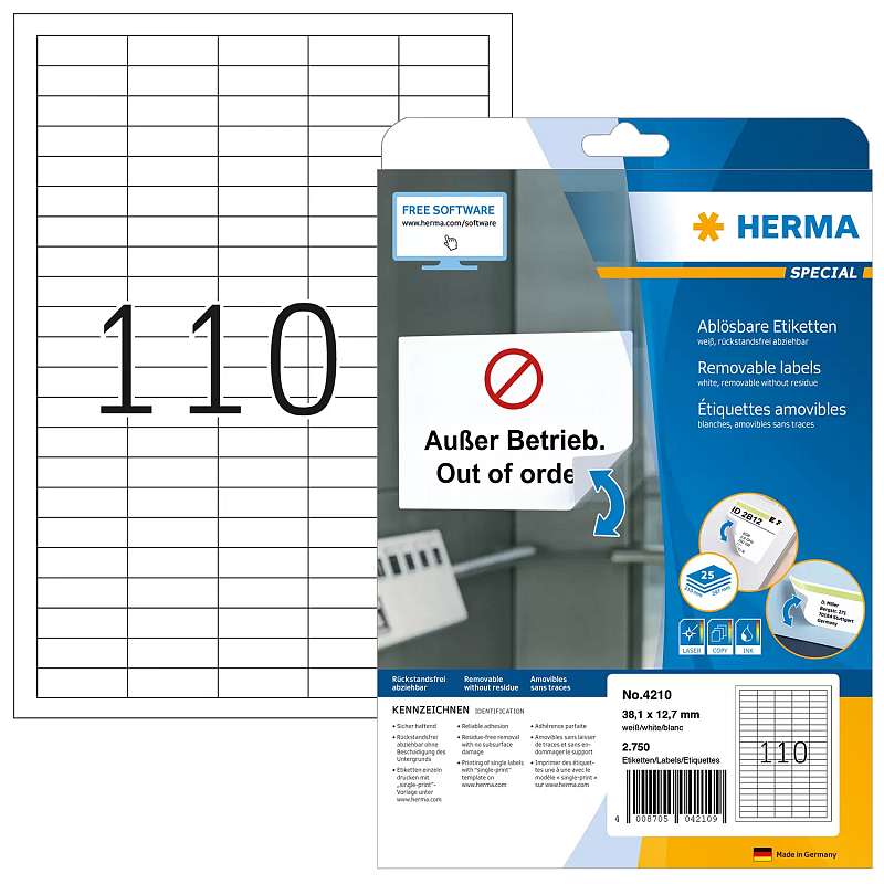 HERMA Ablösbare Etiketten A4 38.1x12.7 mm weiß Movables/ablösbar Papier matt 2750 St.