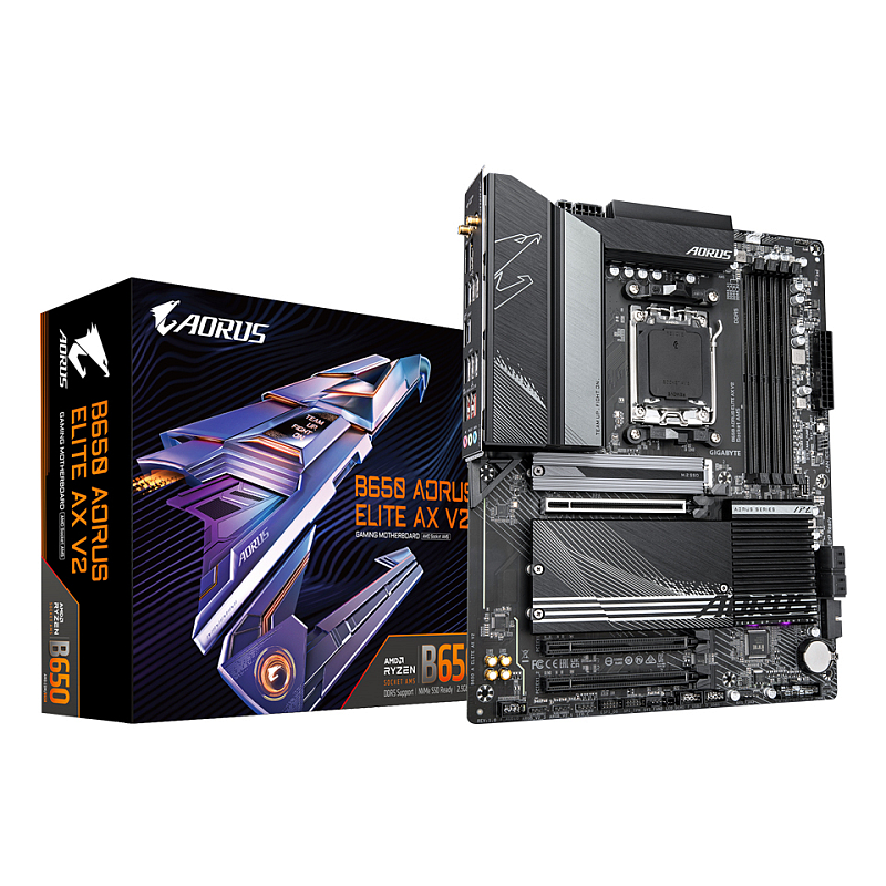 GIGABYTE B650 AORUS ELITE AX V2 Mainboard - AMD Ryzen 9000er-Serie, 12+2+2 Phasen VRM, bis zu 8000 MHz DDR5 (OC), 1xPCIe 5.0 + 2xPCIe 4.0 M.2, 2,5 GbE LAN, WIFI 6E, USB 3.2 Gen 2