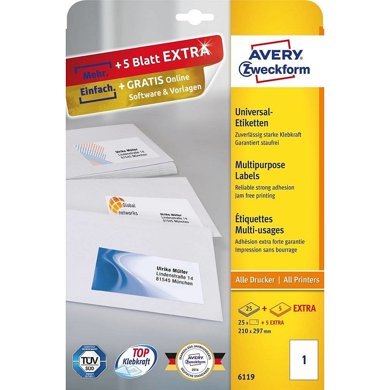 Avery Universal-Etiketten 6119 210x297mm weiß 25 Stück