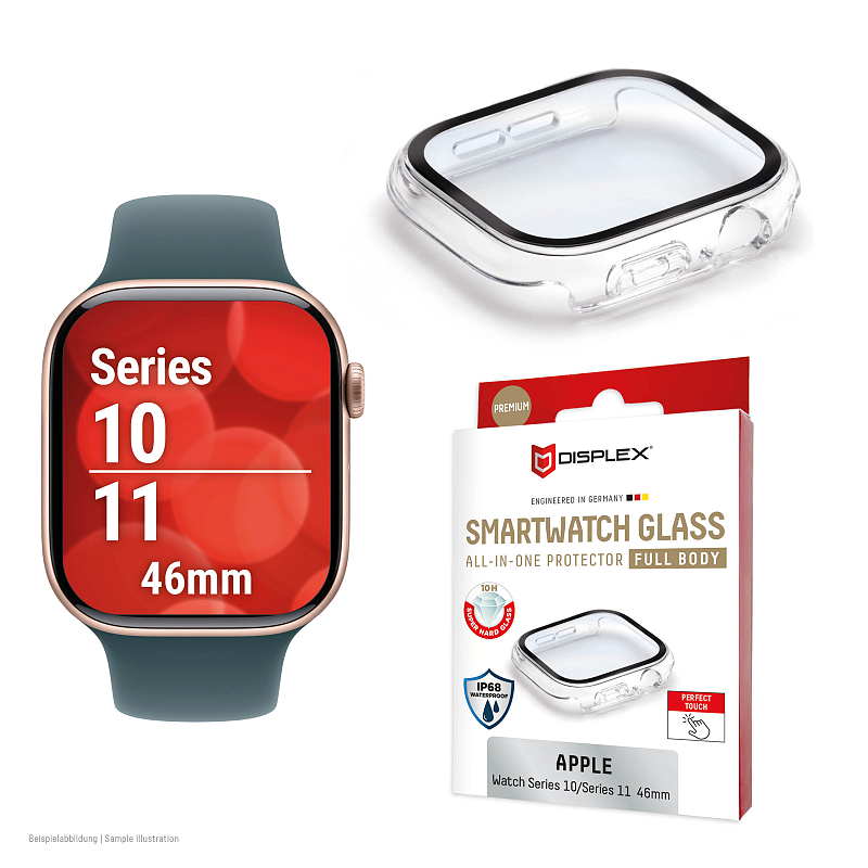 Displex 10H Panzerglas für Apple Watch 11/10 (46mm), Full Body Schutz, IP68, Snap-On, transparent