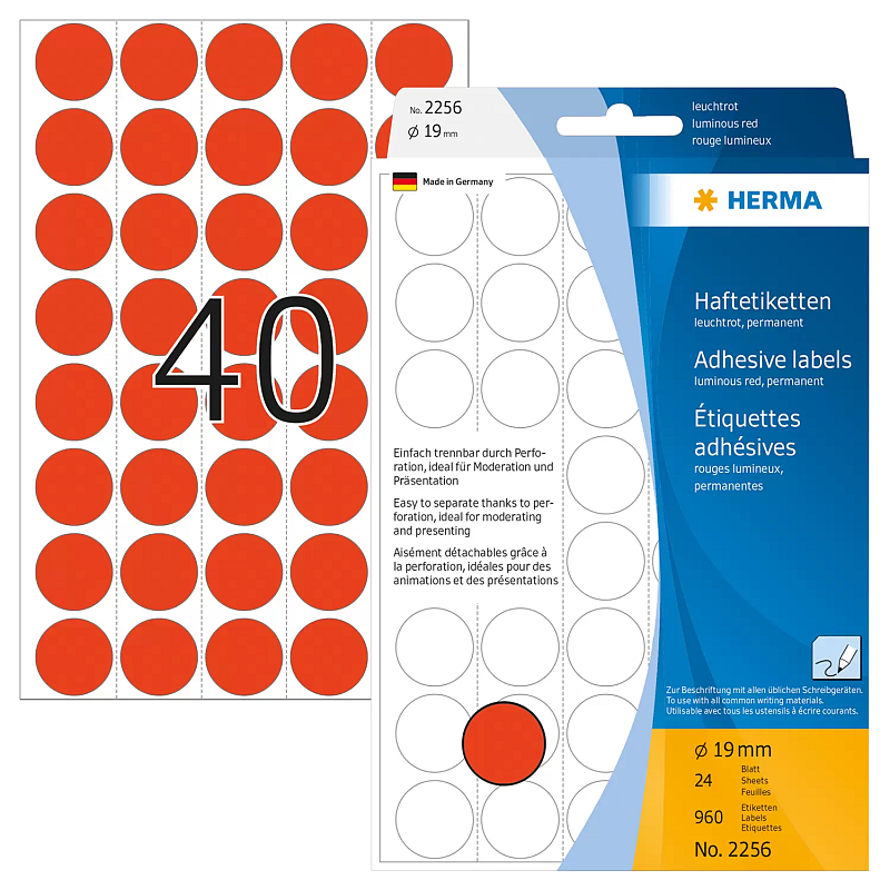 HERMA Vielzwecketiketten/Farbpunkte Ø 19 mm rund leuchtrot Papier matt Trägerpapier perforiert 960 St.
