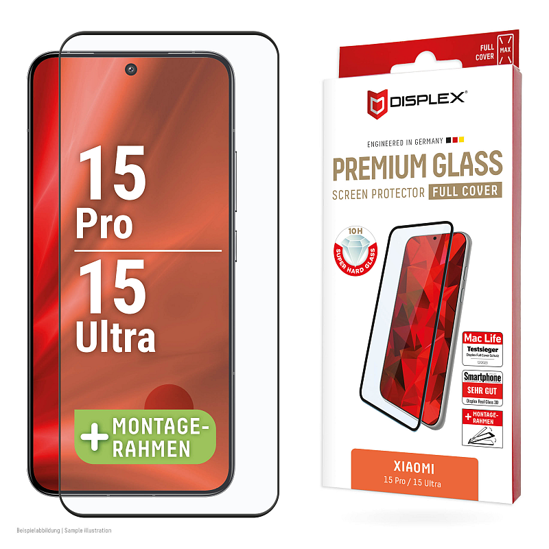 Displex Premium Panzerglas (Full Cover, 10H) für Xiaomi 15 Pro/15 Ultra, Eco-Montagerahmen, Full Cover