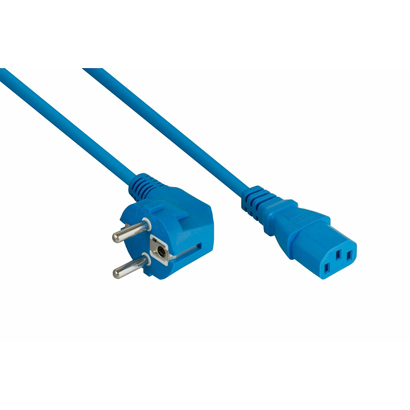 Kabelmeister Netzkabel Schutzkontakt-Stecker Typ E+F (90° gew.) an Kaltgeräte-Buchse C13, blau, 1,50mm², 10m
