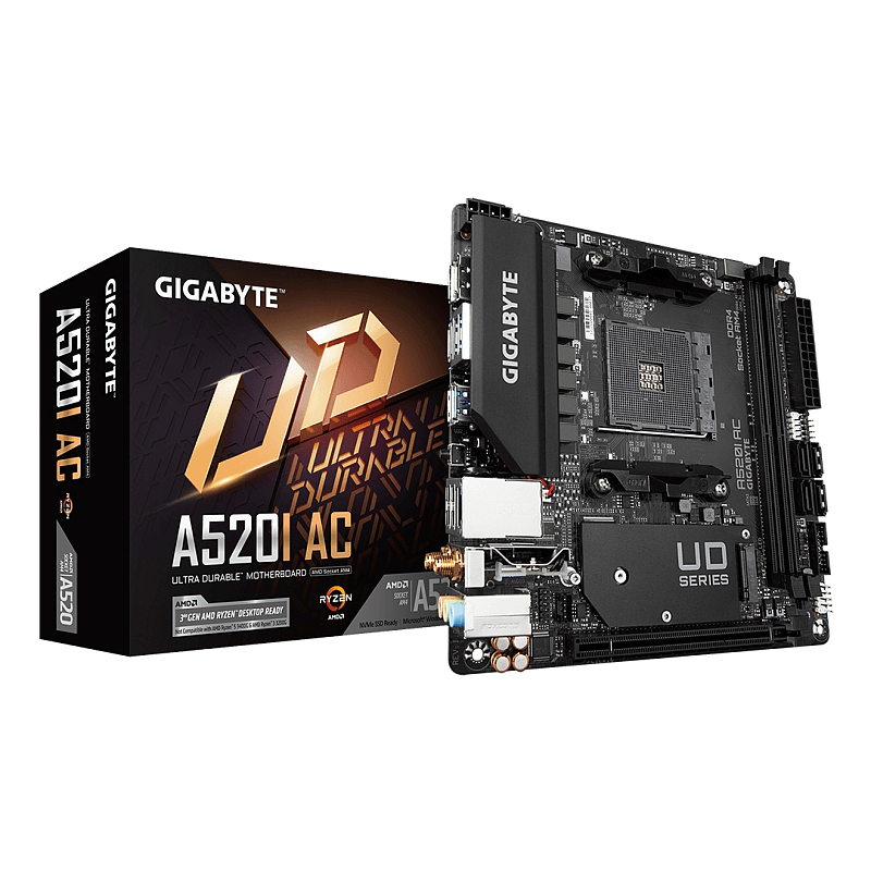GIGABYTE A520I AC Motherboard - Unterstützt AMD Ryzen 5000 Series AM4 CPUs, 6 Phasen Digital VRM, bis zu 5300MHz DDR4 (OC), 1xPCIe 3.0 M.2, WIFI, GbE LAN, USB 3.2 Gen1