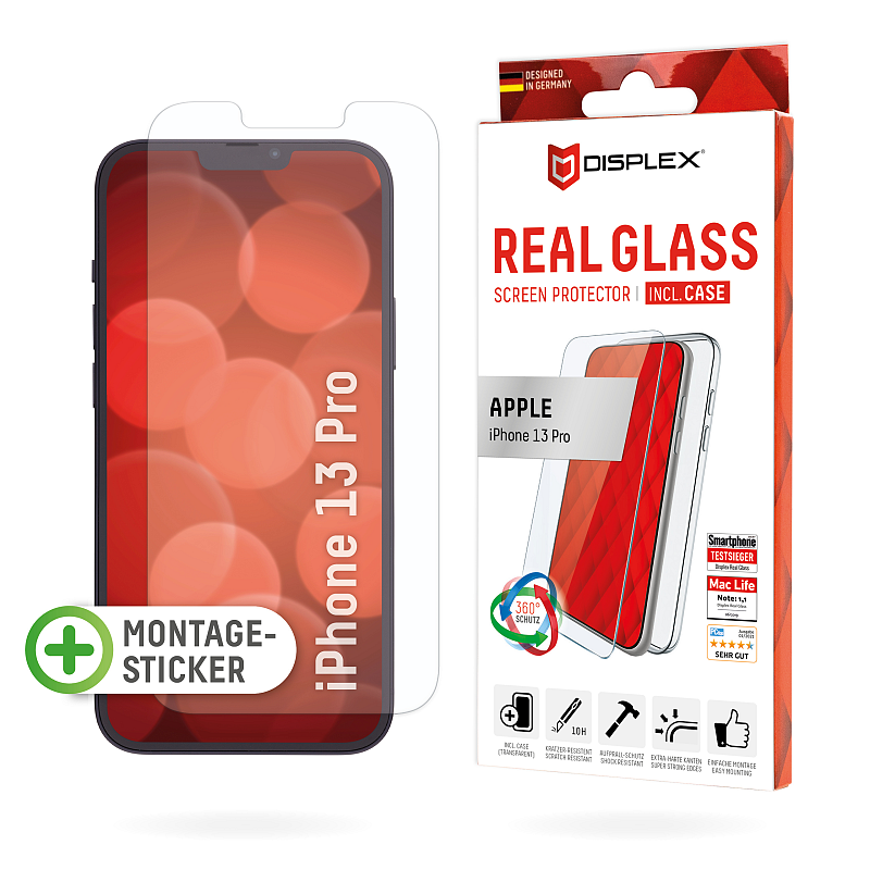 Displex Panzerglas (10H) + Case für Apple iPhone 13 Pro, Montagesticker, + Case, Tempered Glas, kratzer-resistente Schutzfolie