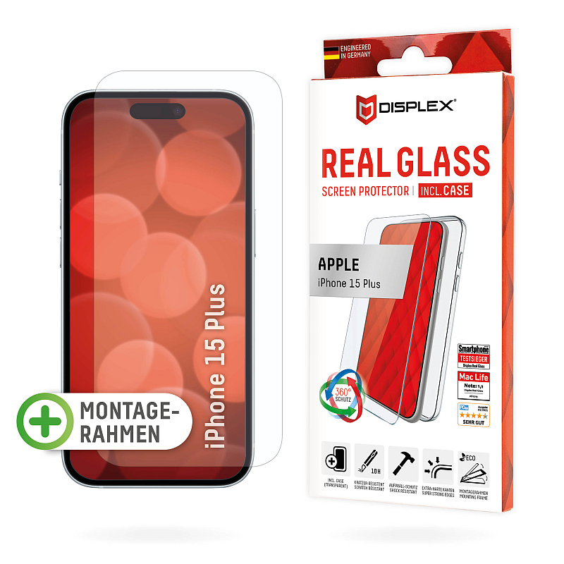 Displex Panzerglas + Schutzhülle für Apple iPhone 15 Plus, Eco-Montagerahmen, kratzer-resistent