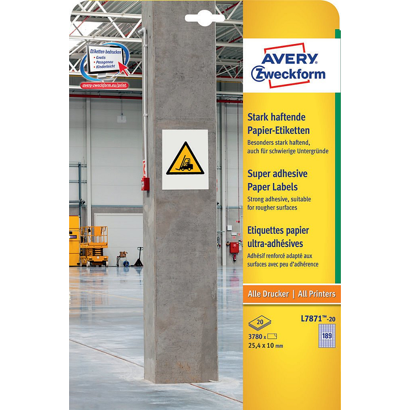 Avery L7871-20 selbstklebendes Etikett Rechteck Permanent Weiß 3780 Stück(e)