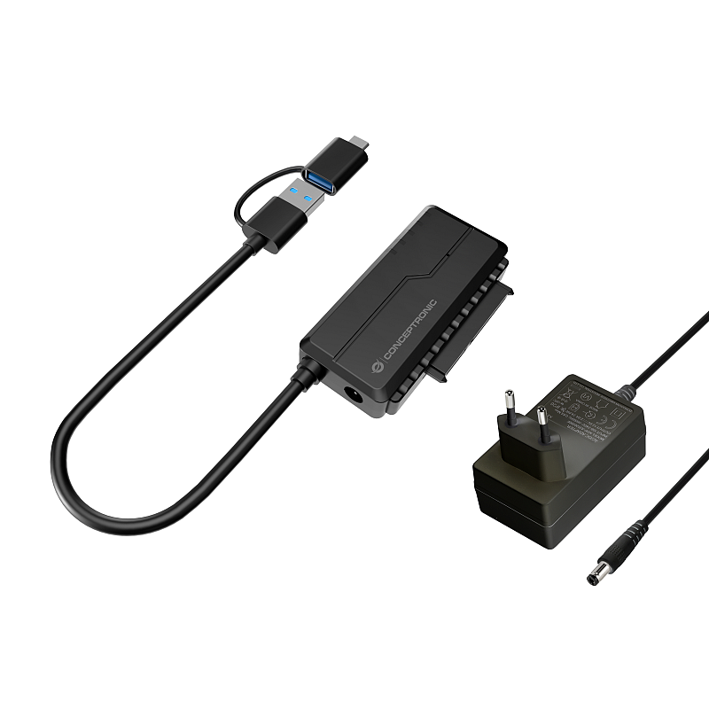 Conceptronic ABBY21B USB 3.0 SATA-Adapter mit Netzteil, 2,5"/3,5" SATA HDD/SSD, 2-in-1 USB C/A-Kabel