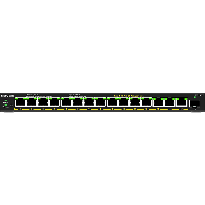NETGEAR 16-Port High-Power PoE+ Gigabit Ethernet Plus Switch (231W) with 1 SFP port (GS316EPP) Managed Gigabit Ethernet (10/100/1000) Power over Ethernet (PoE) Schwarz