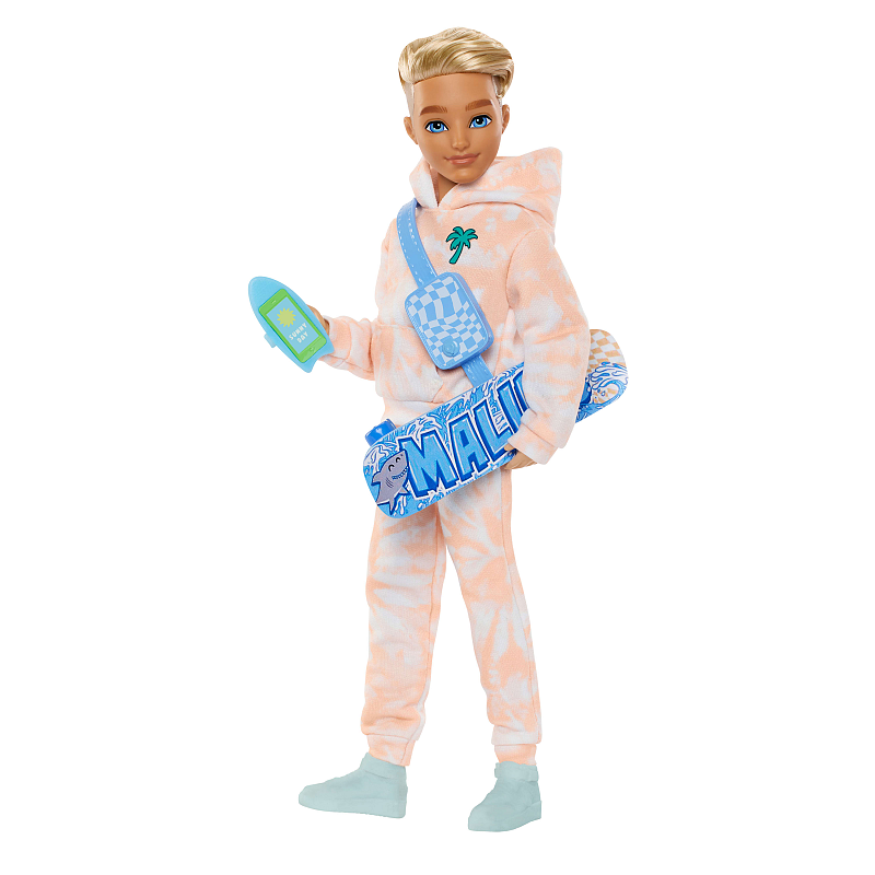 Barbie Dream Besties Ken-Modepuppe mit 9 Zubehörteilen zum Thema Sommer und Skateboard