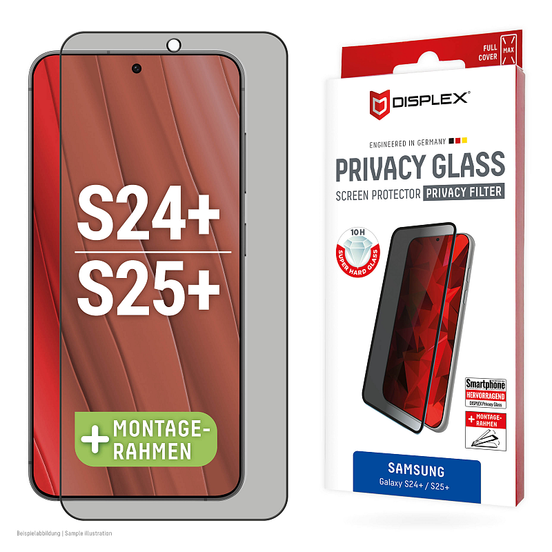 Displex Privacy Panzerglas (10H) für Samsung Galaxy S24+/S25+, Eco-Montagerahmen, Privacy Filter