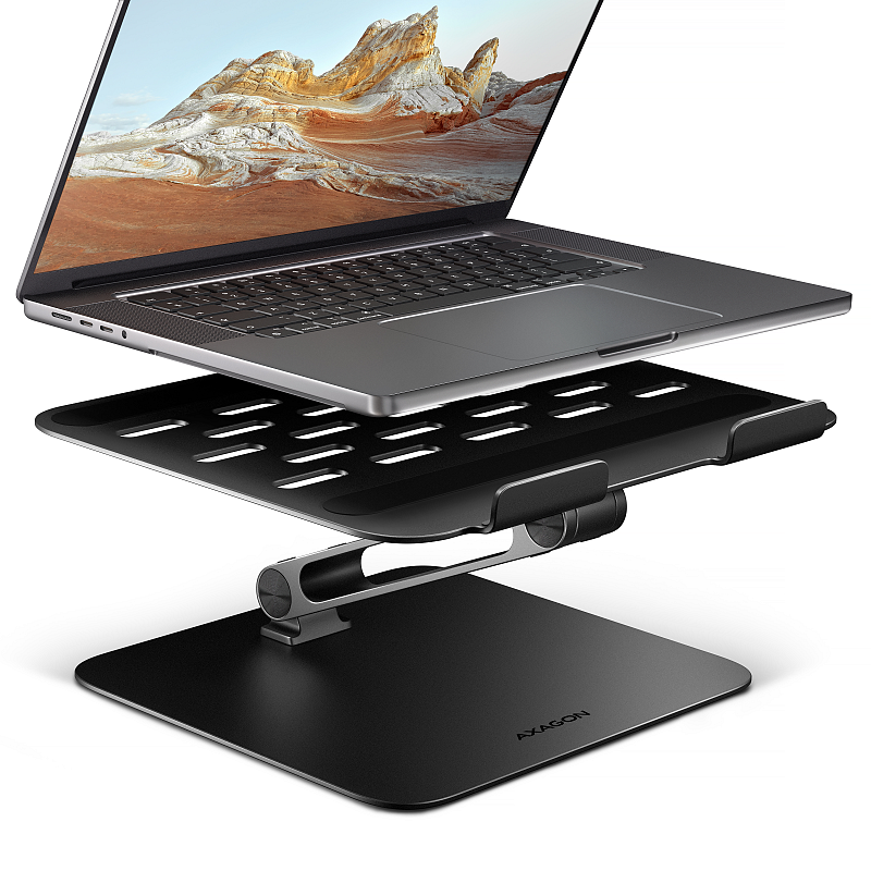 Axagon STND-LQB HQ-Ständer aus Aluminium für Laptops der Größe 10"–17.3". Verstellbare Höhe und Winkel. Schwarze Version.