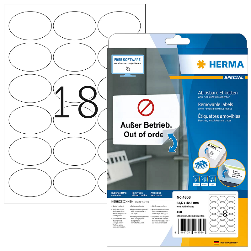 HERMA Ablösbare Etiketten A4 63.5x42.3 mm weiß oval Movables/ablösbar Papier matt 450 St.