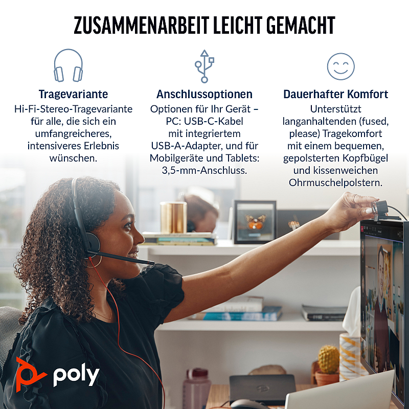 HP Poly Blackwire 3325 USB-C Stereo-Headset, zertifiziert für Microsoft Teams, + 3,5-mm-Stecker + USB-C/A-Adapter