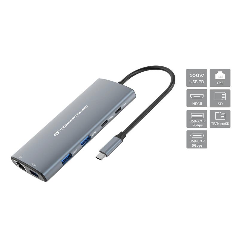 Conceptronic DONN06G 10-in-1 USB 3.2 Gen 1 Dockingstation, HDMI, 100W USB PD, USB-C 5Gbps x 2, USB-A 5Gbps x 3, SD, TF/MicroSD, GbE