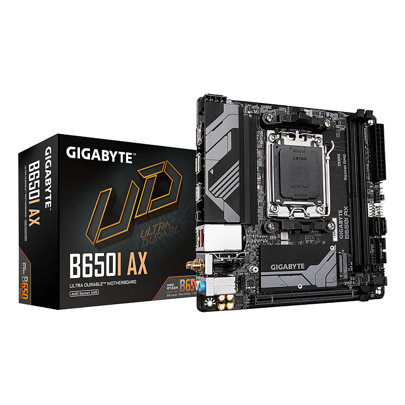 GIGABYTE B650I AX Mainboard - AMD Ryzen 9000er-Serie, 5+2+1 Phasen VRM, bis zu 6400 MHz DDR5 (OC), 1xPCIe 4.0 M.2, 2,5 GbE LAN, WIFI 6E, USB 3.2 Gen 2