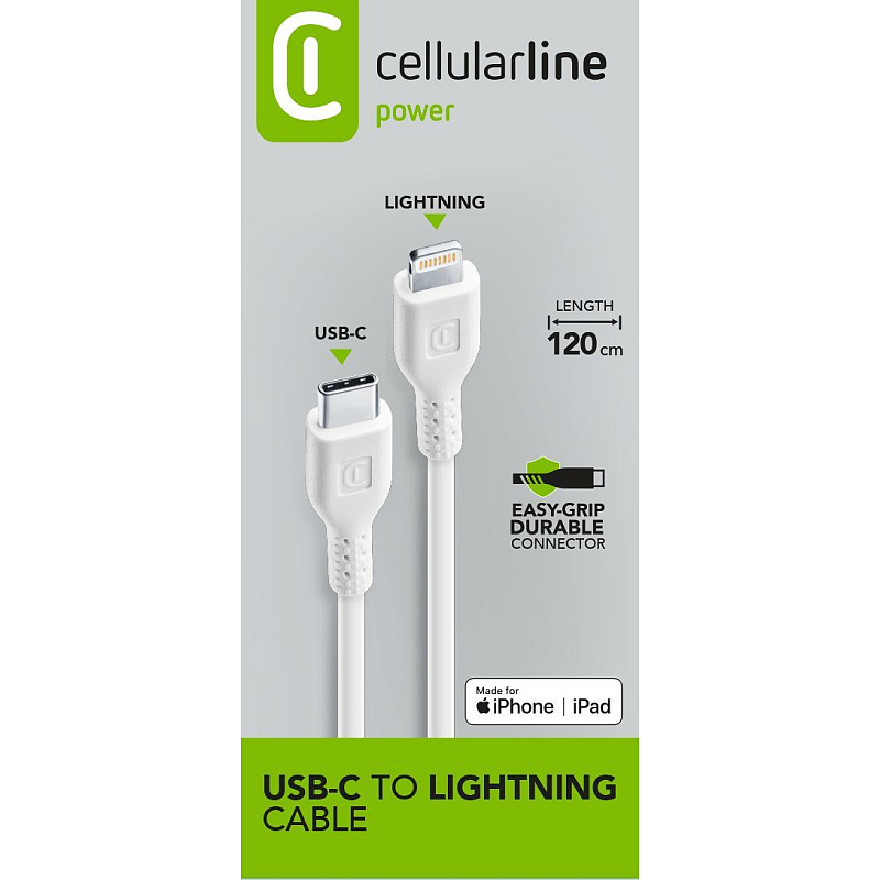 Cellularline Power Cable 120cm - USB-C to Lightning USB-C-auf-Lightning-Kabel zum Laden und für die Datenübertragung