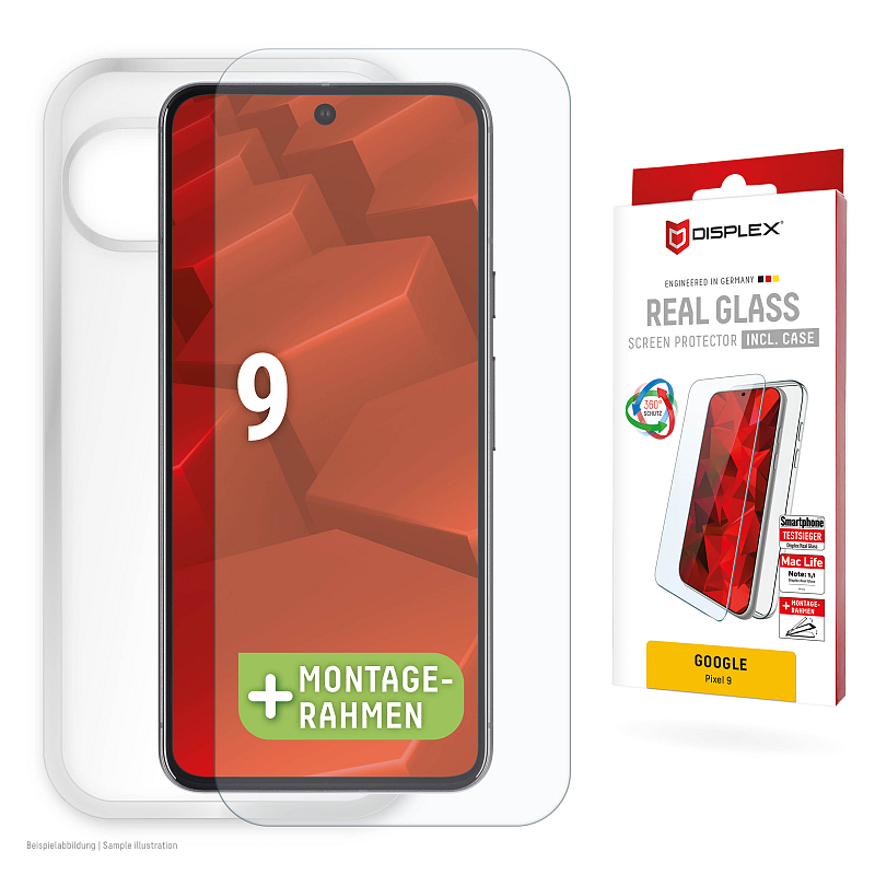 Displex Panzerglas + Schutzhülle für Google Pixel 9, Eco-Montagerahmen, kratzer-resistent