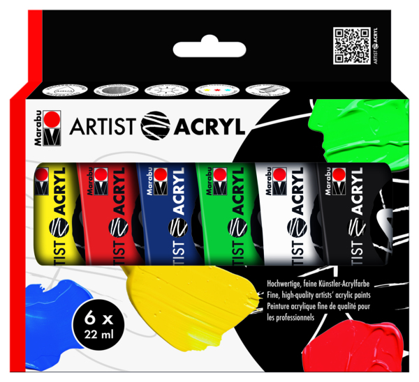 Marabu 1220000000091 Acrylfarbe 22 ml Schwarz, Blau, Grün, Vermilion, Weiß, Gelb Tube
