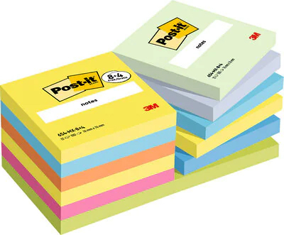 Post-It 654-TFEN-P8+4 Klebezettel Quadratisch Blau, Grün, Orange, Pink, Gelb 100 Blätter Selbstklebend