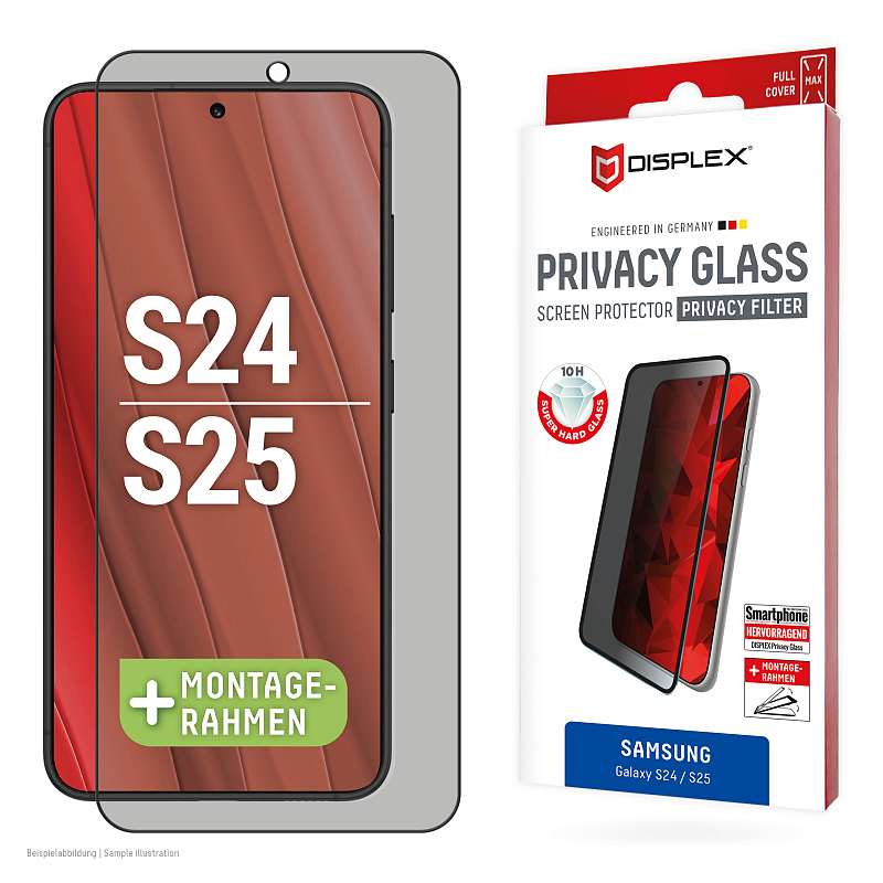 Displex Privacy Panzerglas (10H) für Samsung Galaxy S24/S25, Eco-Montagerahmen, Privacy Filter