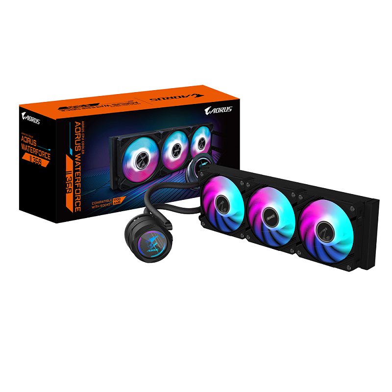 GIGABYTE AORUS WATERFORCE II 360 AIO Flüssigkeits-CPU-Kühler - 3x120mm ARGB-Lüfter, Schiebe-in-Verriegelungsmechanismus, DAISY-CHAIN, kompatibel mit Intel LGA 1851 und AMD AM5