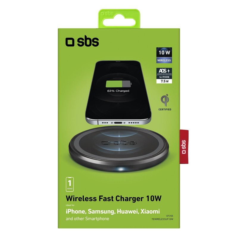 SBS TEWIRELESSUF10W Ladegerät für Mobilgeräte Smartphone Schwarz USB Kabelloses Aufladen Schnellladung Drinnen
