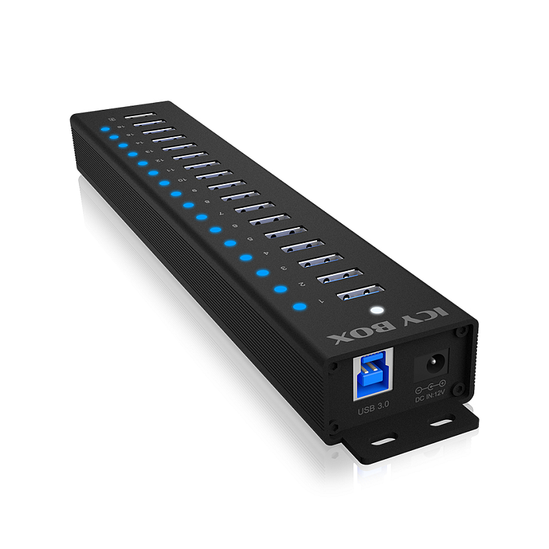 ICY BOX IB-HUB1717-U3, 16+1 port USB Hub, 16x USB, 1x USB Laden, USB 3.2 Gen 1, 96W Netzteil, Aluminium, schwarz
