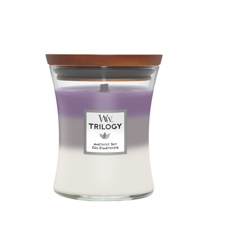 WoodWick Amethyst Sky Trilogy Wachskerze Zylinder Bernstein, Jasmin, Lavendel, Leder, Sandelholz, Wildleder, Vanille, Canangabaum 1 Stück(e)