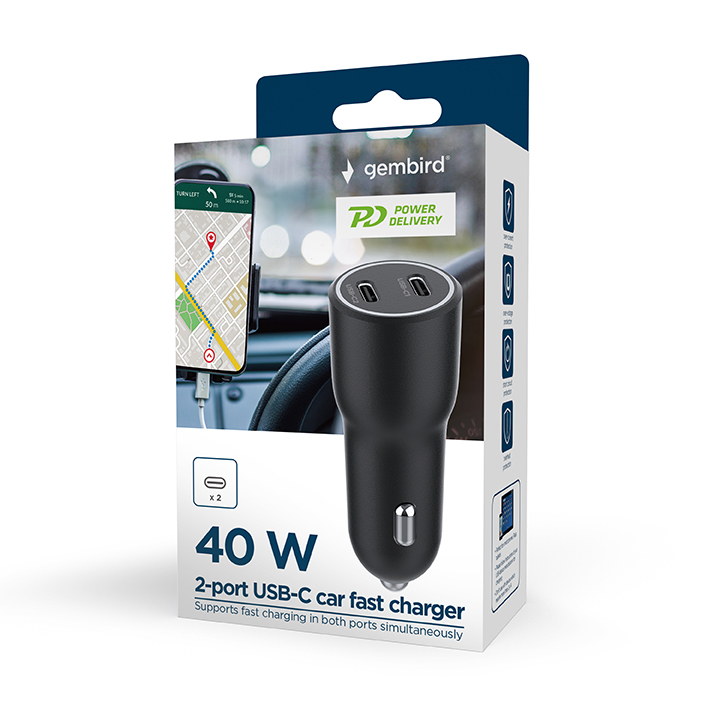 Gembird TA-UC-C2PD40-CAR-01 Ladegerät für Mobilgeräte Universal Schwarz Zigarettenanzünder Schnellladung Auto