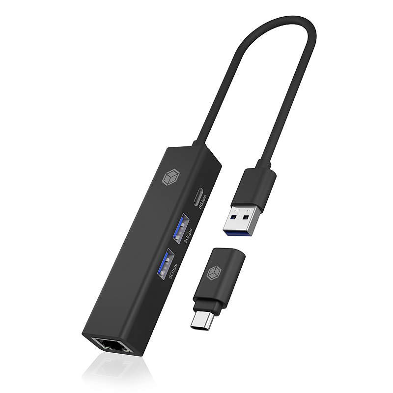 ICY BOX IB-HUB1439-LAN, USB 3.2 Gen 1 HUB und LAN Adapter, Type-A+C zu 2x USB-A & 1x USB-C® & Gigabit LAN, USB Type-A zu Type-C Adapter, Aluminium, schwarz