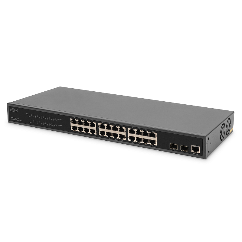 Digitus 24-Port Gigabit PoE Netzwerkswitch,19 Zoll, L2 managed, 2 Uplink Ports, SFP, 430 W, af/at