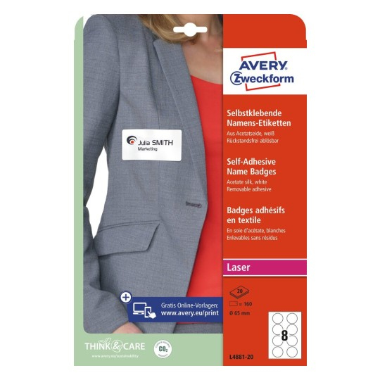 Avery L4881-20 selbstklebendes Etikett Rund Entfernbar Weiß 160 Stück(e)