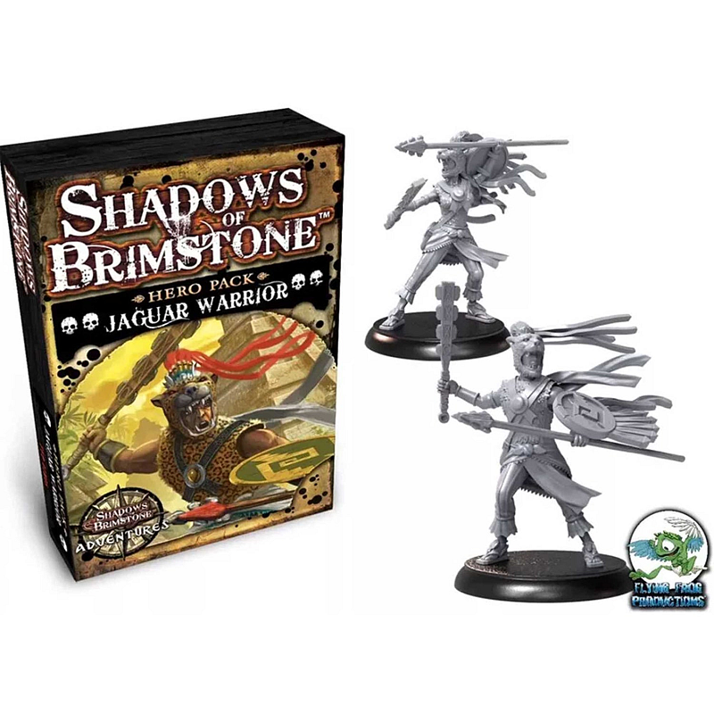 Asmodee Shadows of Brimstone: Hero Pack - Jaguar Warrior The Jaguar Warriors are elite soldiers in the Aztec Empire, adorned with the skins and claws of the fearsome and cunning jungle cats to imbue them with the spirit of the Jaguar in combat. Fighting with spears, shields, and tribal swords edged with obsidian blade fragments, these disciplined warriors go to war with the same cunning, ferocity, and skill as the deadly stalking predators they emulate. Brettspiel