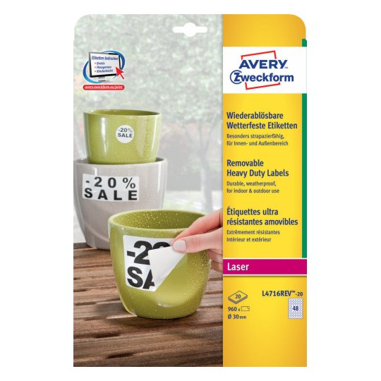 Avery L4716REV-20 selbstklebendes Etikett Kreis Entfernbar Weiß 960 Stück(e)