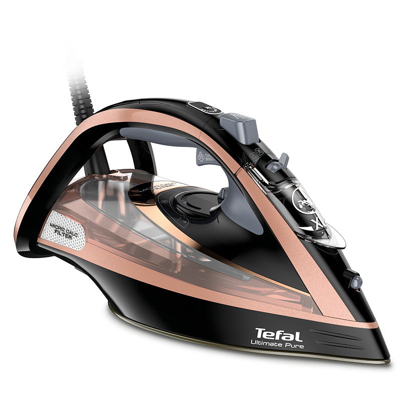Tefal Ultimate Pure FV9845 Trocken- & Dampfbügeleisen Durilium selbstreinigende Bügelsohle 3100 W Schwarz, Kupfer