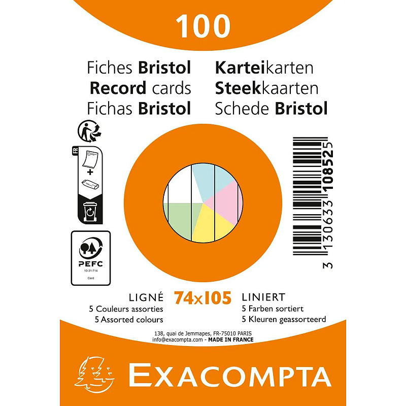 Exacompta Karteikarten A7, Packung mit 100 Stück eingeschweißt, liniert, nicht gelocht, Farben sortiert - Farben sortiert