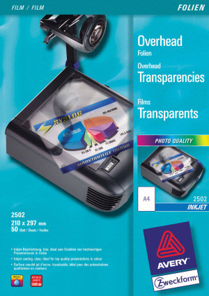 Avery 2502 Druckfolie Tintenstrahl A4 (210×297 mm) Polyester Transparent 50 Blätter