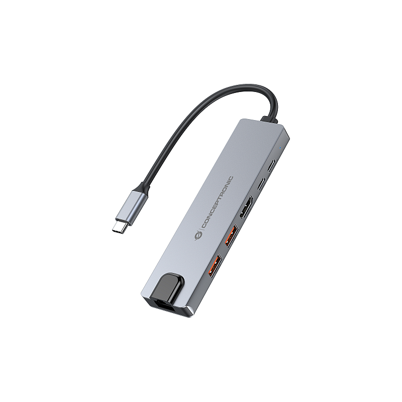 Conceptronic DONN29G 6-in-1 USB 3.2 Gen 2 Dockingstation, 4K60Hz HDMI, USB-A 10Gbps x 2, USB-C 10Gbps, GbE LAN, 140W USB PD 3.1