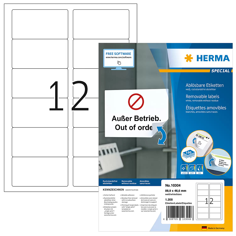 HERMA Ablösbare Etiketten A4 88.9x46.6 mm weiß Movables/ablösbar Papier matt 1200 St.